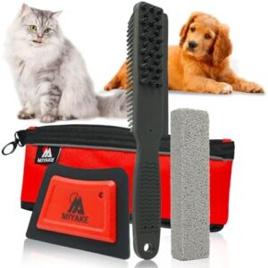 Miyake FurFighter Pet Hair Remover Car Detailing Kit - Includes Rubber Bristle Brush, Squeegee Tool, Pumice Stone & Tool Bag- Removes Cat & Dog Shedding from Interior Upholstery - Auto Accessories
