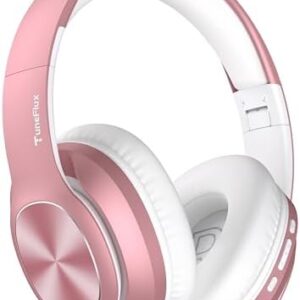 TuneFlux Wireless Bluetooth Headphones Over Ear, 80H Playtime, 3EQ Sound Modes, HiFi Stereo Headphones with Deep Bass, Foldable Bluetooth 5.3 Headphones for Smartphone/PC/Computer-Rose Gold