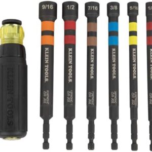Klein Tools 32950 Ratcheting Impact Rated Hollow Power Nut Driver Set with Handle, Magnetic, Color Coded, 6 SAE Hex Sizes