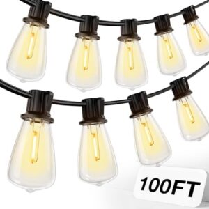 addlon 100FT LED Outdoor String Lights Waterproof Patio Lights with 32 Shatterproof ST38 Replaceable Bulbs(2 Spare), Dimmable Outside Hanging Lights Connectable for Porch, Backyard, 2200K Warm Yellow