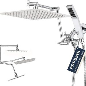 PDPBath All Metal 12" Rainfall Shower Head with 16" Upgrade Flexible Extension Arm, Shower Head with Handheld Combo,70" Extra Long Shower Hose, 3-Way Diverter, Chrome