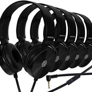 Classroom Headphones-Bulk 10-Pack, Student On Ear Comfy Swivel Earphones for Library, School, Airplane, Kids-for Online Learning and Travel, HQ Stereo Sound 3.5mm Jack (Black with Microphone)