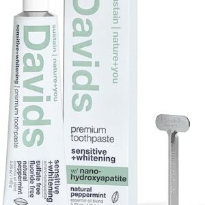 Davids Fluoride Free Nano Hydroxyapatite Toothpaste for Remineralizing Enamel & Sensitive Relief, Whitening, Antiplaque, SLS Free, Natural Peppermint, 5.25oz, Made in USA
