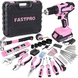 FASTPRO 177-Piece 20V Pink Cordless Lithium-ion Drill Driver and Home Tool Set, Lady's Home Repairing Tool Kit with Drill in Tool Storage Case