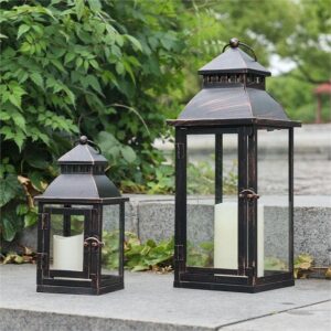 2Pack Lanterns Outdoor Decorative for Porch, 17" Candle Lantern Decor Indoor, Metal Frame with Glass, Vintage Farmhouse Patio Decor, Garden, Pathway, Balcony, Yard Decor, Black