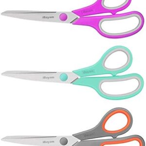 Scissors, iBayam 8" All Purpose Scissors Bulk 3-Pack, Ultra Sharp 2.5mm Thick Blade Shears Comfort-Grip Scissors for Office Desk Accessories Sewing Fabric Home Craft School Supplies, Right/Left Handed