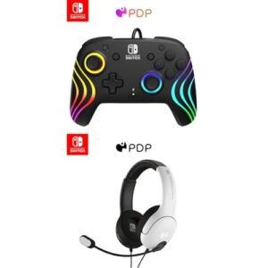 Afterglow Wave Customizable Nintendo Switch Pro Controller, RGB LED, Dual Programmable Gaming Buttons, Black + Airlite Stereo Switch Headset with Mic, Black & White