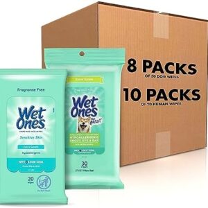 Wet Ones Mixed 18 Piece Bundle of Human & Pet Wet Wipes, Hypoallergenic | 10 Packs Sensitive Skin Hand and Face Wipes, 20 Ct Plus 8 Packs for Pets Dog Wipes for Snout, Eye, Ear, 30ct