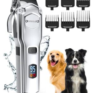 oneisall Dog Clippers for Grooming for Thick Heavy Coats/Low Noise Rechargeable Cordless Pet Shaver with Stainless Steel Blade/Waterproof Dog Shaver for Dogs Pets and Animals (Sliver)