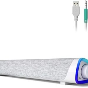 SOULION R30 Computer Speakers, USB Powered 3.5mm AUX Small PC Speakers, Colorful LED Lights with Switch Button, Surround Sound Portable Computer Sound Bar Speaker for Desktop Laptop White