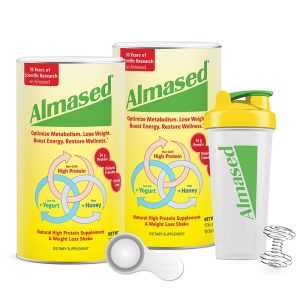 Almased Protein Powder for Weight Loss Kit for Men & Women, Natural Meal Replacement Shake for Weight Loss, Supplement, 24 Grams of Protein Per Serving (Original Flavor, 2 Cans @ 17.6 oz ea + Shaker Bottle + Scoop)