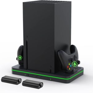 Charging Stand with Cooling Fan, CODOGOY Vertical Stand Compatible with Xbox Series X/S Console&Controller, Dual Controller Charger Station Dock with 3 USB Ports,2*1100 mAh Rechargeable Battery Packs