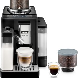 De'Longhi Rivelia Automatic Espresso Machine with Grinder & Milk Frother – All-in-One Coffee Maker, Hot & Iced Latte, Cappuccino, Bean Switch System, Burr Grinder, Compact Italian Design, Black