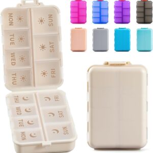 NEW Foldable & Double Protection Portable Weekly Pill Organizer 2 Times A Day with Etched Labels, AM PM 7 Day Week Medicine Box, Daily Travel Pill Case Holder Dispenser for Vitamin, Supplement - Khaki