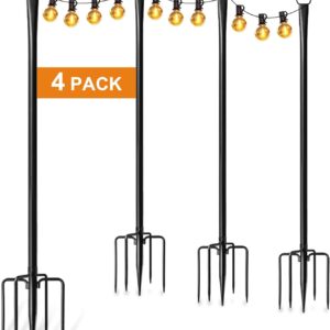 4 Pack String Light Poles for Outside, Thickened Metal Christmas Lights Hanger Pole Outdoor with Fork, Lighting Hanging Post Accessories for Patio Decor Garden Backyard Yard Outside Decorations
