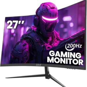 ZZA 27-Inch Curved Computer Monitor,200Hz|180Hz|144Hz Gaming Monitor,FHD 1080P 1800R VA Screen, Monitor 27 inch 100% sRGB, AMD FreeSync,Eye Care,Ultra-Thin,Bezels HDMI & DP Port