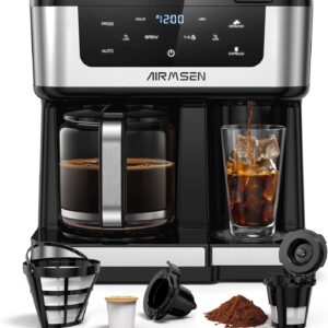 AIRMSEN 12-Cup Programmable Dual Coffee Maker – Single Serve Machine for K-Cup Pods & Ground, 1000W Fast Brew, Delay Start, 2H Keep Warm, Touchscreen, 60oz Tank, Glass Carafe – Home & Office
