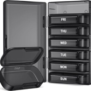 PULIV Weekly Pill Organizer with Large Capacity, Dual Protection Pill Box 7 Day, Arthritis Friendly Pill Case Easy to Open, Medicine Organizer for Vitamins, Medications, Fish Oils, Supplements (Black)