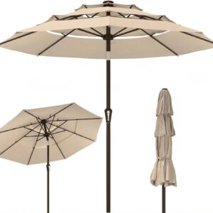 Kingdura 9ft 3-Tier Patio Umbrella, Outdoor Table Umbrella with Easy Crank & Tilt, 8 Reinforced Ribs, UV Protection for Deck, Pool, Market, Backyard (Beige)