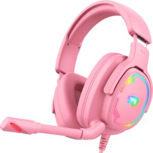 Jimonyer Gaming Headset with Microphone, 7.1 Surround Sound and Noise Canceling Over Ear Headphones for PC/PS5/PS4/Xbox Series/Switch, RGB Light and Soft Memory Earmuffs (Pink)